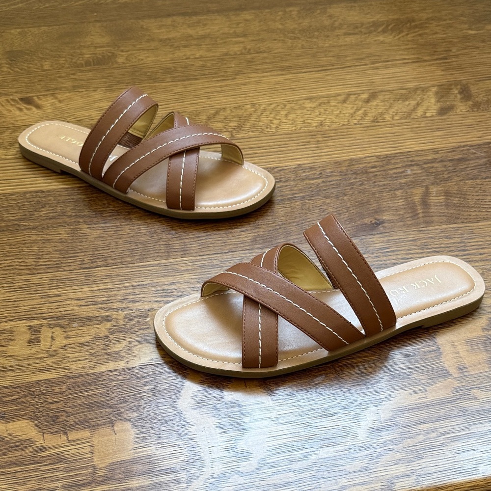 JACK ROGERS Sara‎ Stitch Brown Sandals Slides Flats Vacation Neutral Strappy 8.5